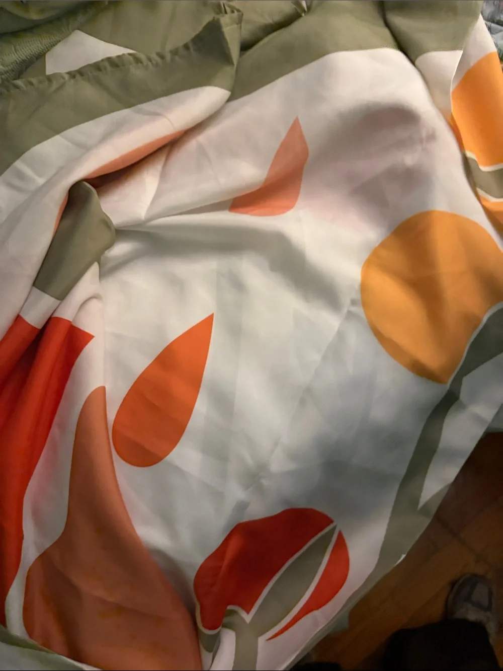 Abstract Floral shower curtain in White, Orange & Olive